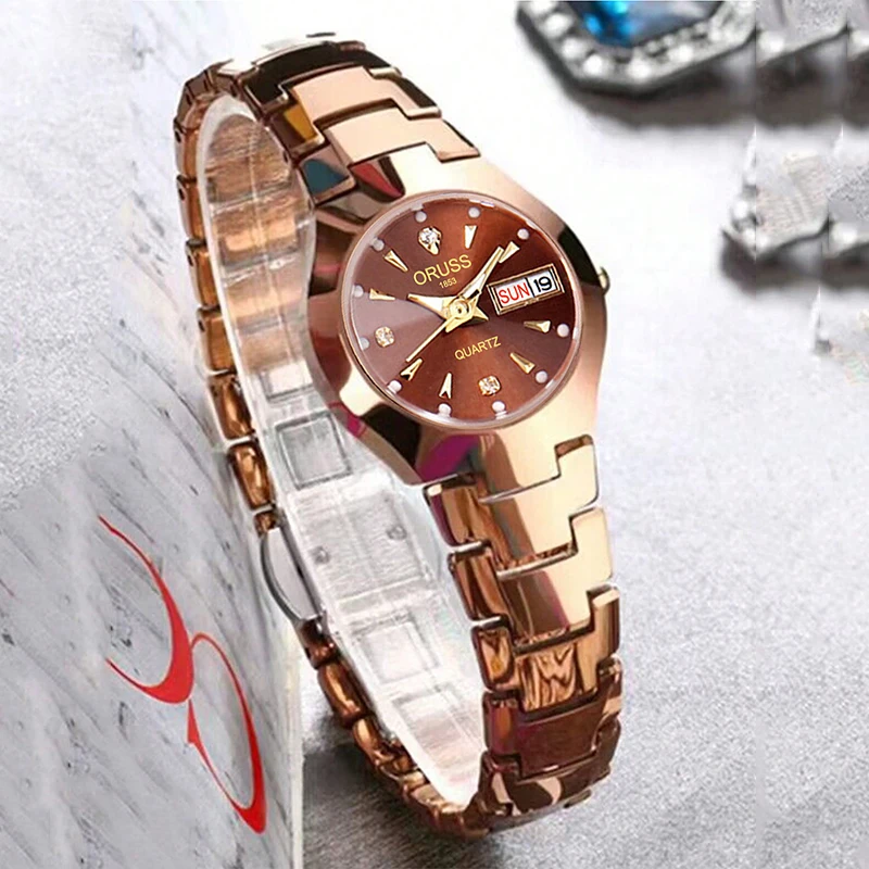Reloj ORUSS de marca novedosa para mujer, reloj de cuarzo elegante de acero inoxidable resistente al agua con puntero luminoso y calendario semanal para mujer
