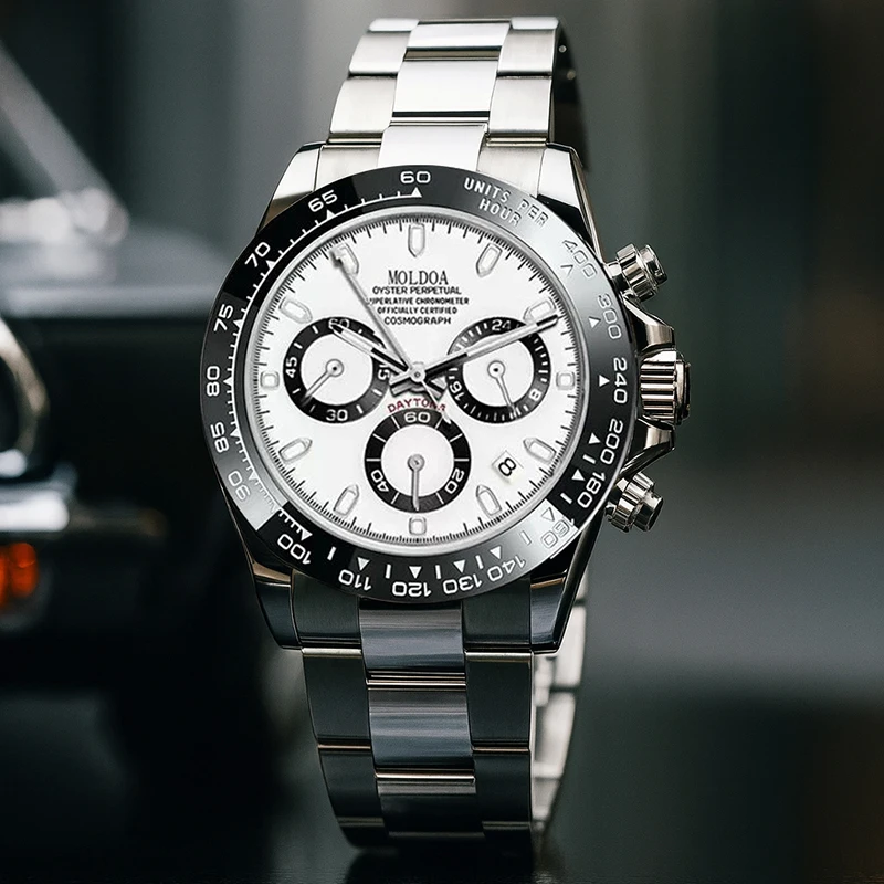 Reloj de cuarzo multifuncional moderno de acero inoxidable plateado para hombre con pantalla de puntos y líneas