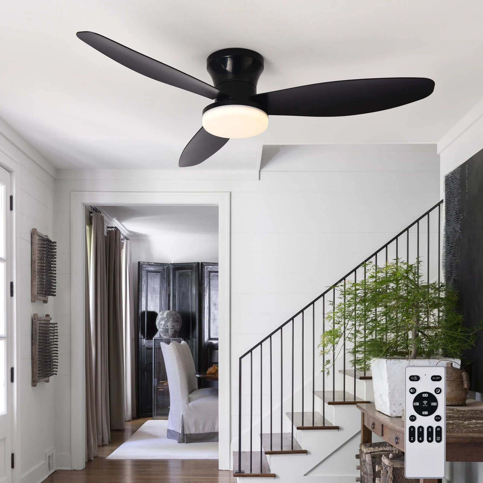 Ventilador de techo con luz 3 colores, 6 velocidades, sincronización, ventilador de techo con control remoto 3 aspas para cocina dormitorio comedor