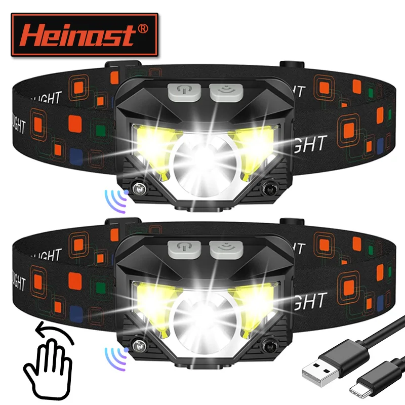 Potente linterna frontal con Sensor LED, linterna frontal recargable por USB, linterna frontal para búsqueda de acampada, linterna frontal para pesca