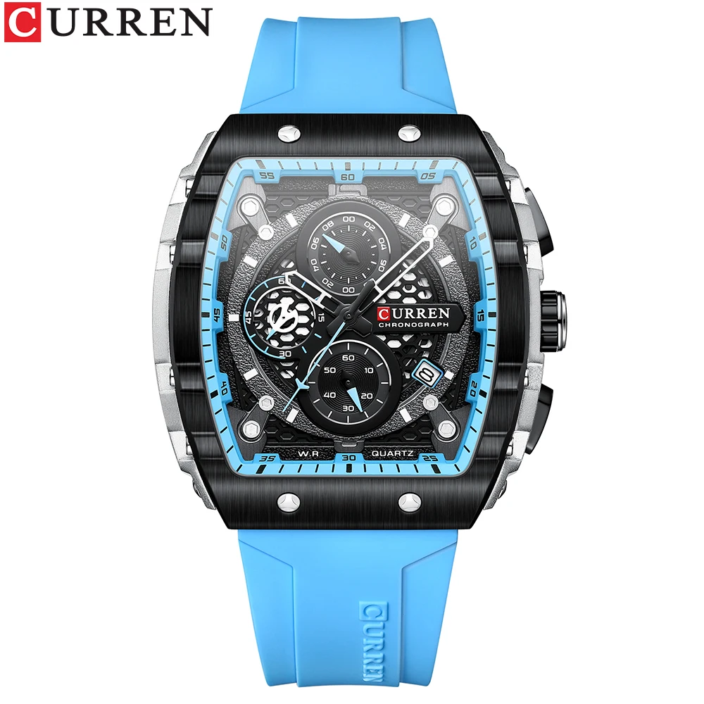 Reloj deportivo CURREN Tonneau con esfera para hombre, reloj de pulsera de cuarzo resistente al agua con fecha automática, correa de silicona amarilla luminosa