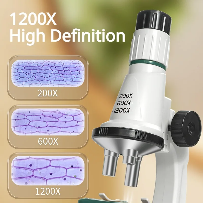Kit de microscopio para niños, 200x 600x 1200x, juguete de tallo de ciencia biológica, lupa de mano, microscopio de bolsillo educativo escolar con luz LED