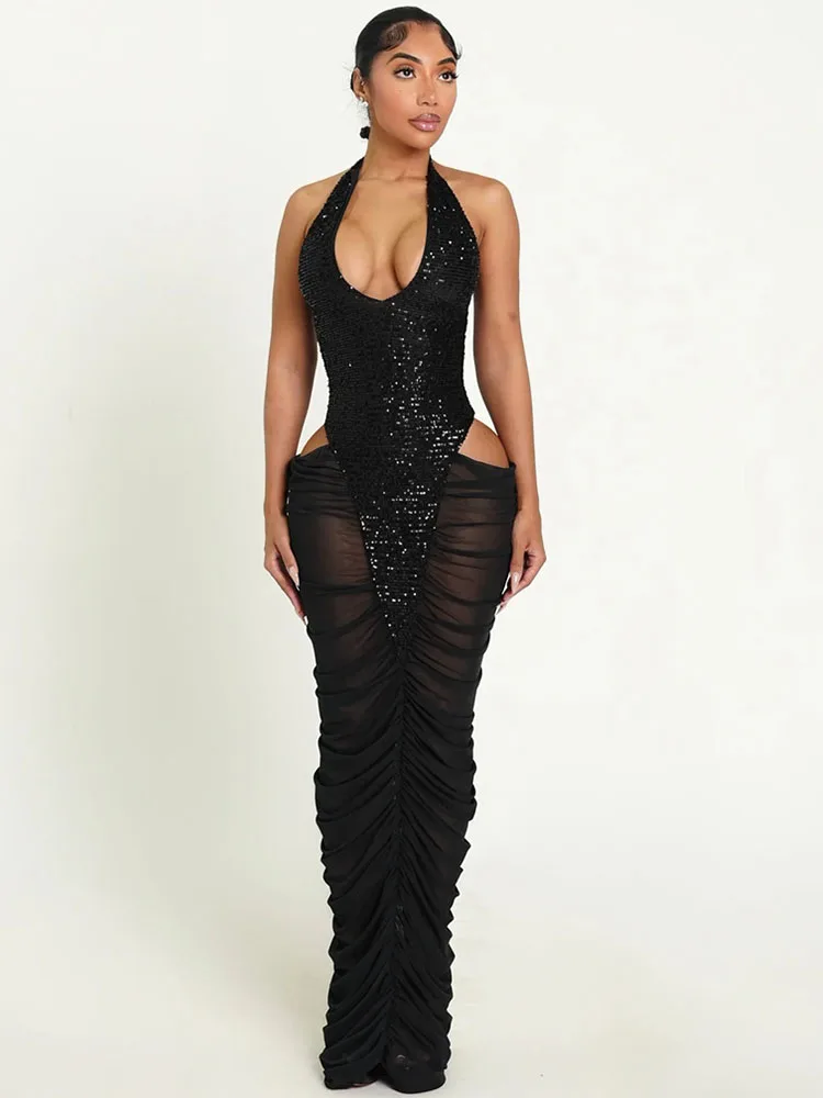 Vestido Maxi de Fiesta Sexy con Lentejuelas Brillantes para Mujer, de Lujo, Estilo Celebridad, con Malla Transparente, Retazos y Aberturas, Formal, Fruncido y Ajustado al Cuerpo