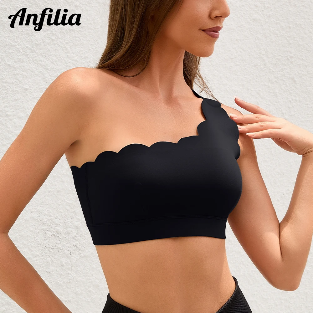 Anfilia-sujetadores deportivos para mujer, sujetadores integrados festoneados con diseño de un solo hombro, transpirables, de secado rápido, para Yoga, gimnasio y correr