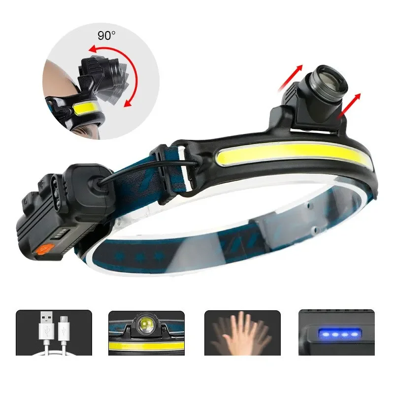 Linterna frontal de inducción recargable por USB, linterna de cabeza LED COB con Zoom, batería integrada, multifunción, 6 modos