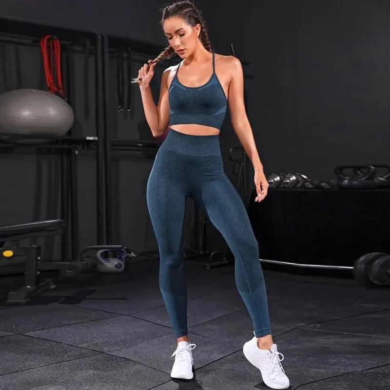 Chándal de Yoga sin costuras para mujer, ropa deportiva de entrenamiento, ropa de gimnasio, Leggings de cintura alta, trajes deportivos de Fitness, 2 piezas