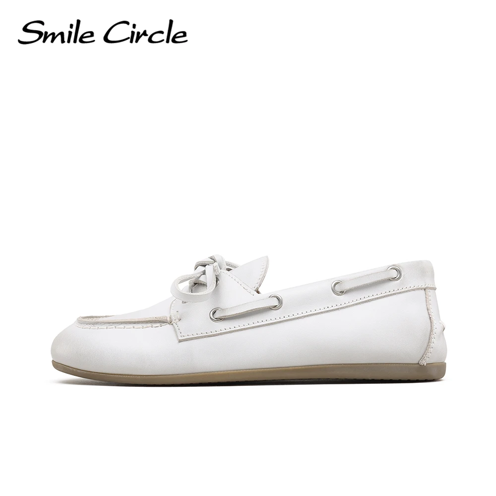 Zapatos náuticos Smile Circle, mocasines de cuero genuino para mujer, mocasines, zapatos planos con cordones
