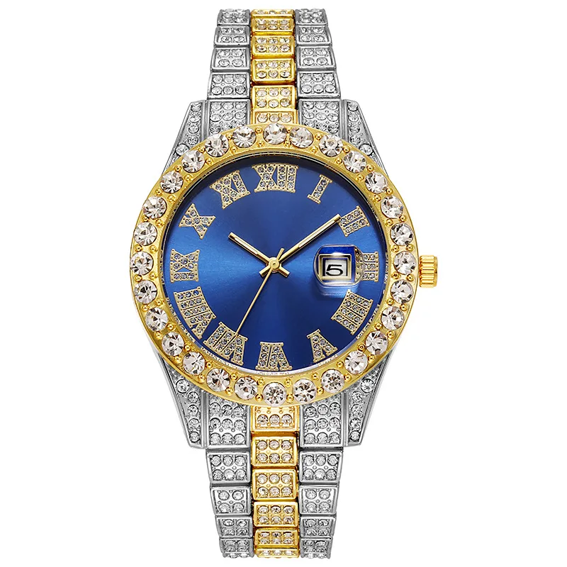 Reloj con calendario de Color dorado de acero inoxidable Hip Hop de lujo para Hombre, Reloj con diamantes de imitación pavimentados helados, Reloj para Hombre