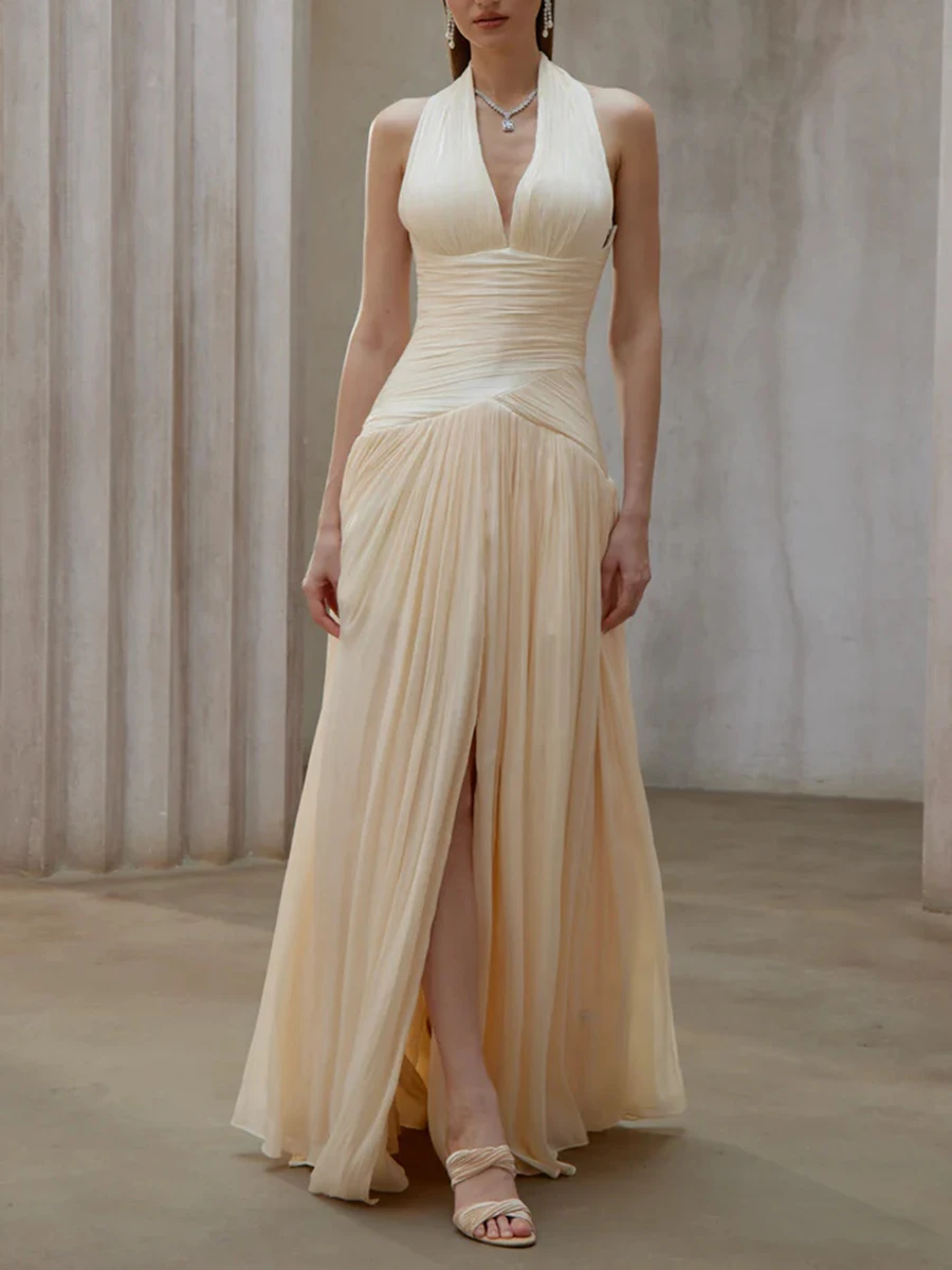TWOTWINSTYLE, vestidos elegantes lisos adelgazantes con pliegues empalmados para mujer, vestido largo de cintura alta sin mangas con cuello Halter, ropa femenina nueva