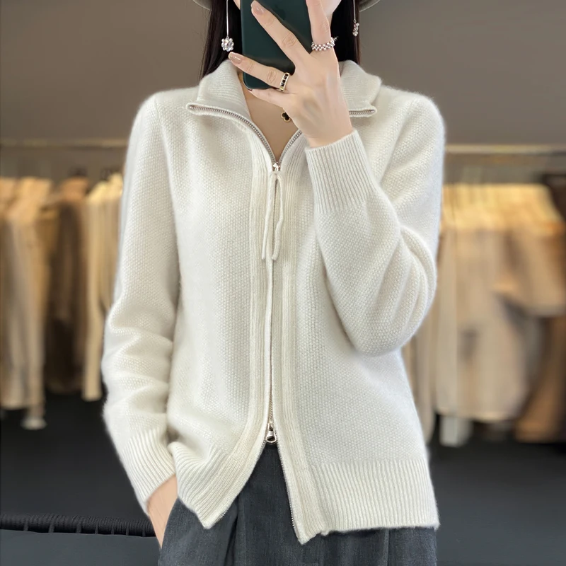 Suéter de punto de lana merina 100% para mujer, cárdigan con cuello vuelto, Tops gruesos, chaqueta suave de Cachemira con doble cremallera, Otoño e Invierno
