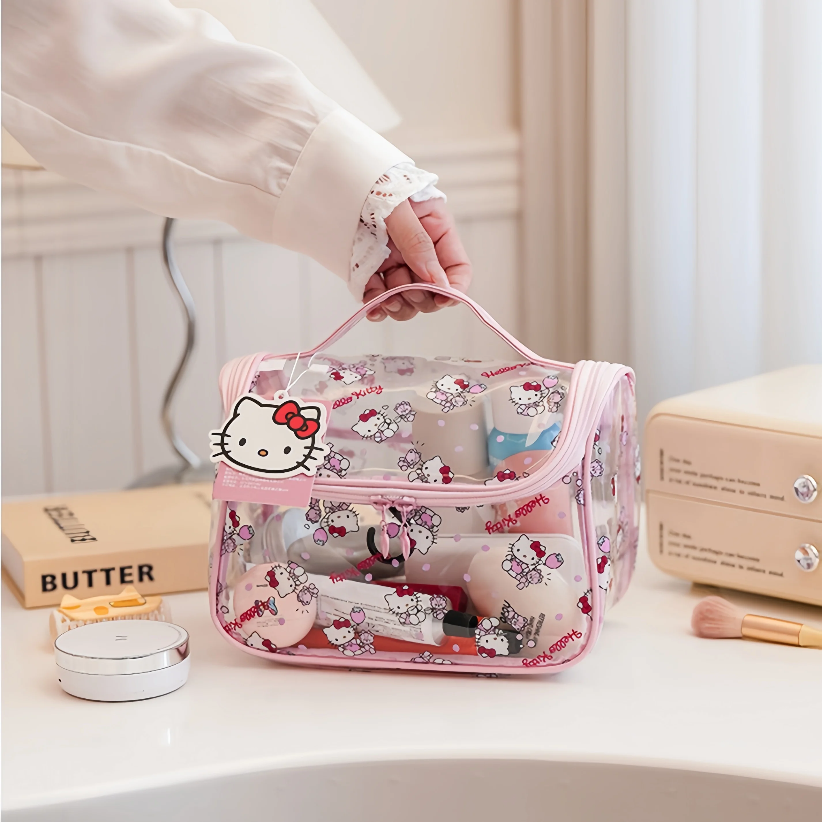 Bolsa de Maquillaje Visual de la Marca Sanrio, Diseño Kawaii, Bolsa de Almacenamiento para Artículos de Belleza