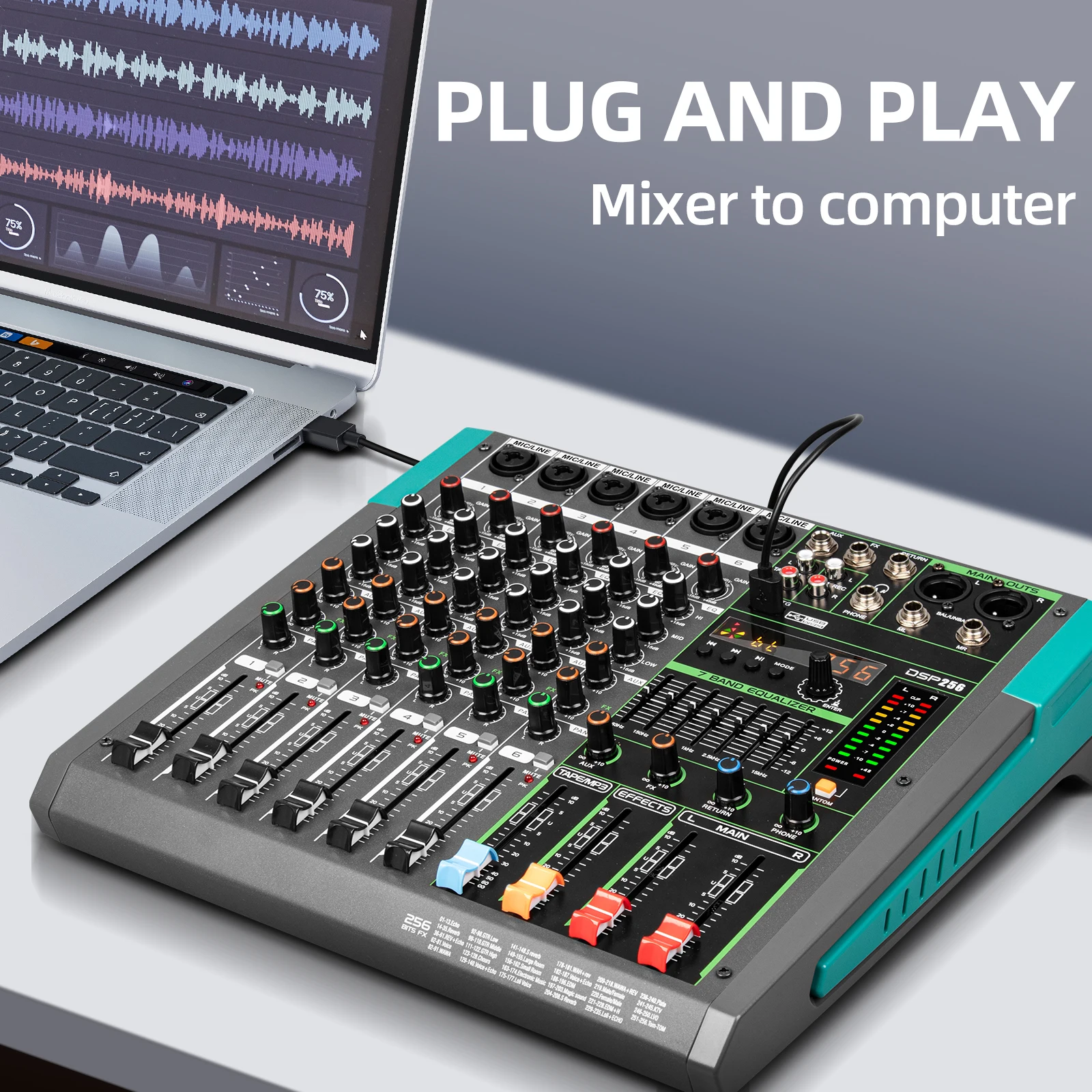 Mezclador de Audio Profesional Depusheng MG6, Consola de Sonido de 6 Canales, Sistema de Mezcla para DJ, Interfaz de Mesa de Mezclas con 256 Efectos de Reverberación Integrados