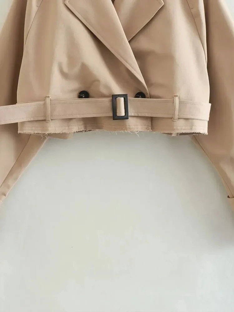 Gabardina recortada con cinturón para mujer, chaqueta de primavera, ropa de calle Vintage, Top de manga larga con doble botonadura, trajes de abrigo para mujer 2024