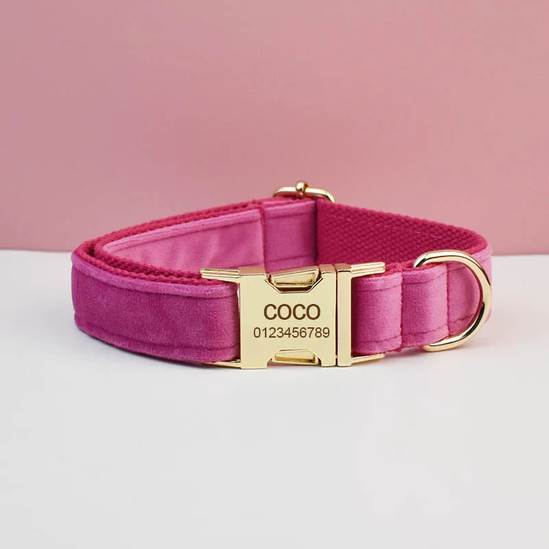 Conjunto de collar y correa para perros de terciopelo rojo rosa, placa con nombre grabada personalizada, suministros para mascotas, correa para perros Velvet23