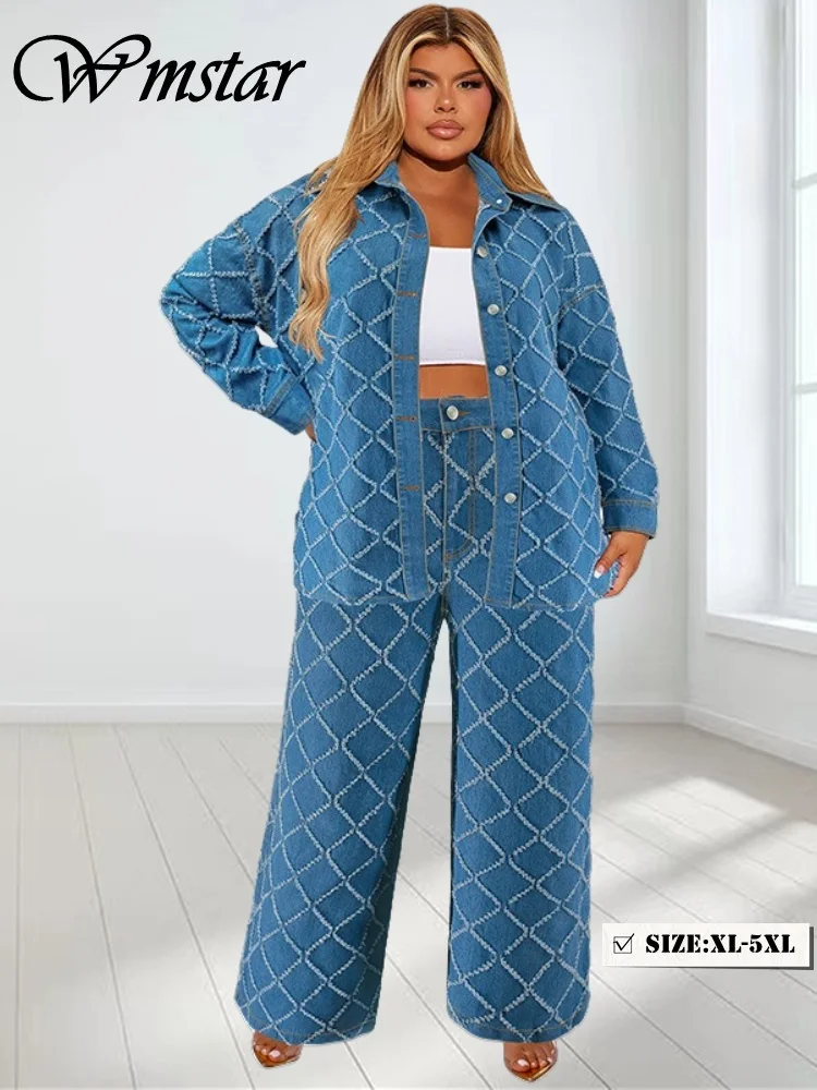 Wmstar-Conjunto de dos piezas de mezclilla de talla grande para mujer, ropa de otoño, Tops estampados de manga larga, pantalones, nuevos trajes a juego, venta al por mayor, Dropshopping