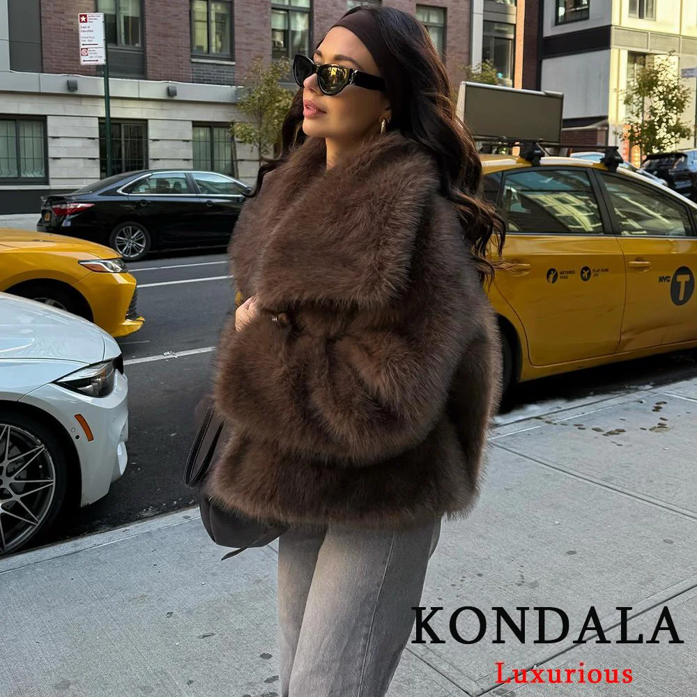 KONDALA, chaquetas informales de piel gruesa marrón para mujer, abrigos de piel sintética de manga larga con cuello en V para otoño e invierno, ropa de calle a la moda 2025