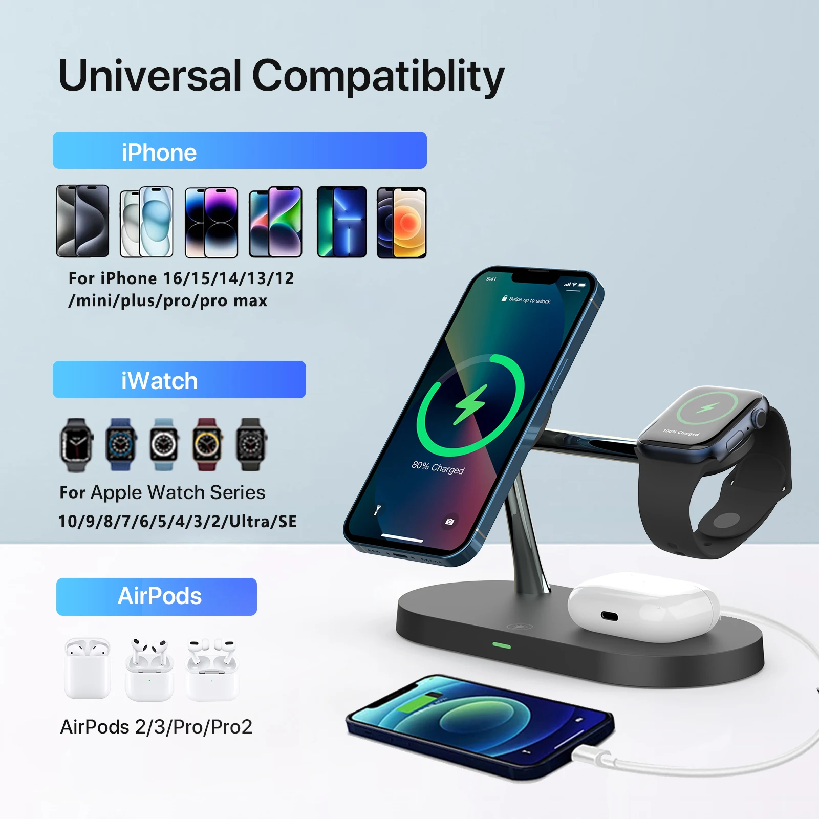 Soporte de cargador inalámbrico 3 en 1 para iPhone 12/13/14/15/16/17 Estación de carga rápida para Apple Watch 10 9 8 7 6 5 4 Airpods 2 3 Pro