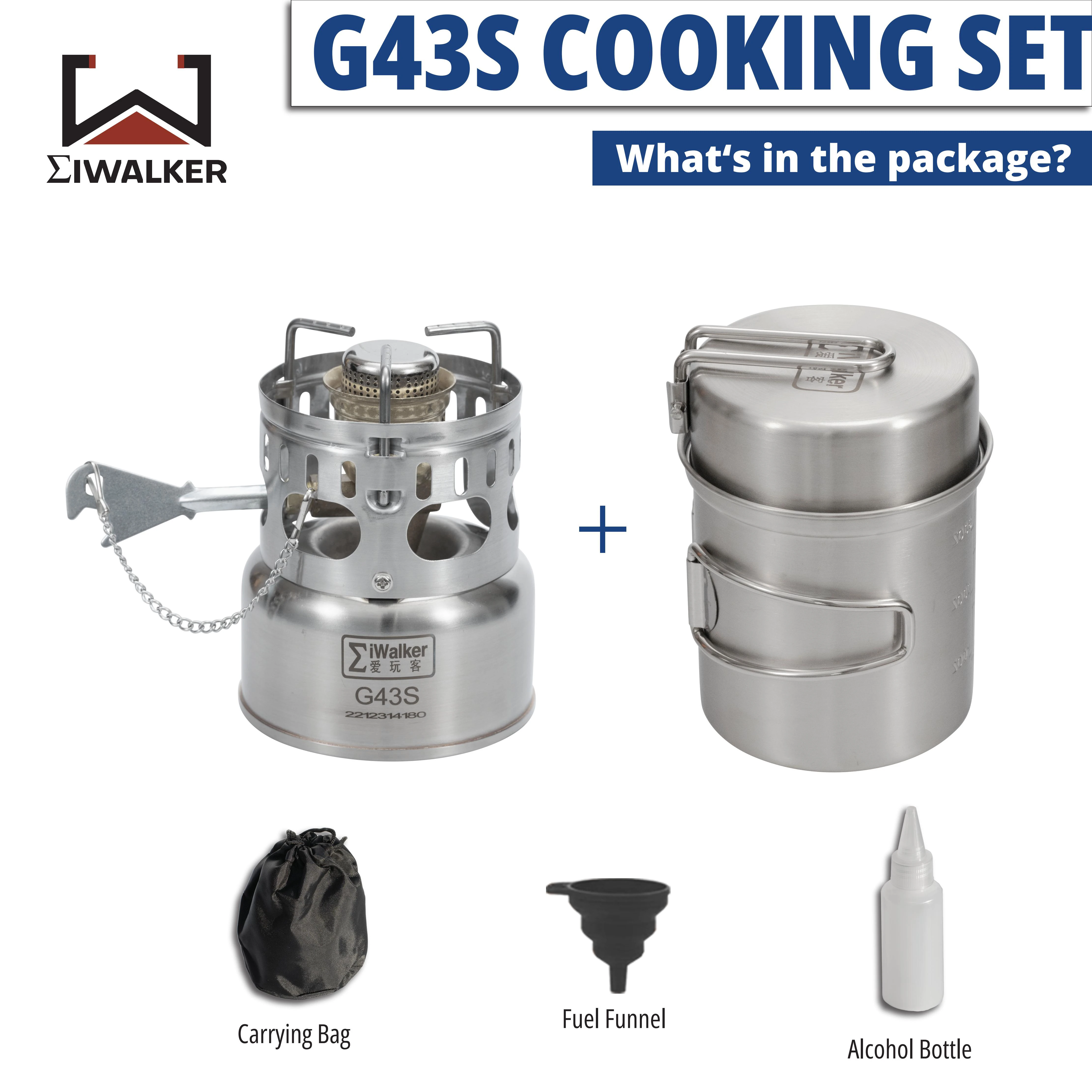 Juego de Cocina IWALKER G43S, Estufa de Camping, Quemador de Gas Silencioso con Ollas de Almacenamiento para Viajes, Picnic y Emergencias