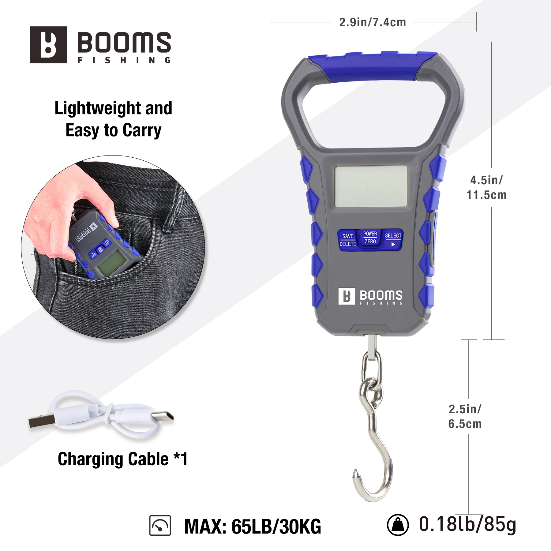 Booms Fishing-báscula de pesca Digital recargable LCD, 65LB/30KG, báscula de equipaje portátil y pinza de labio de pescado de 24cm, juego de herramientas de pesca