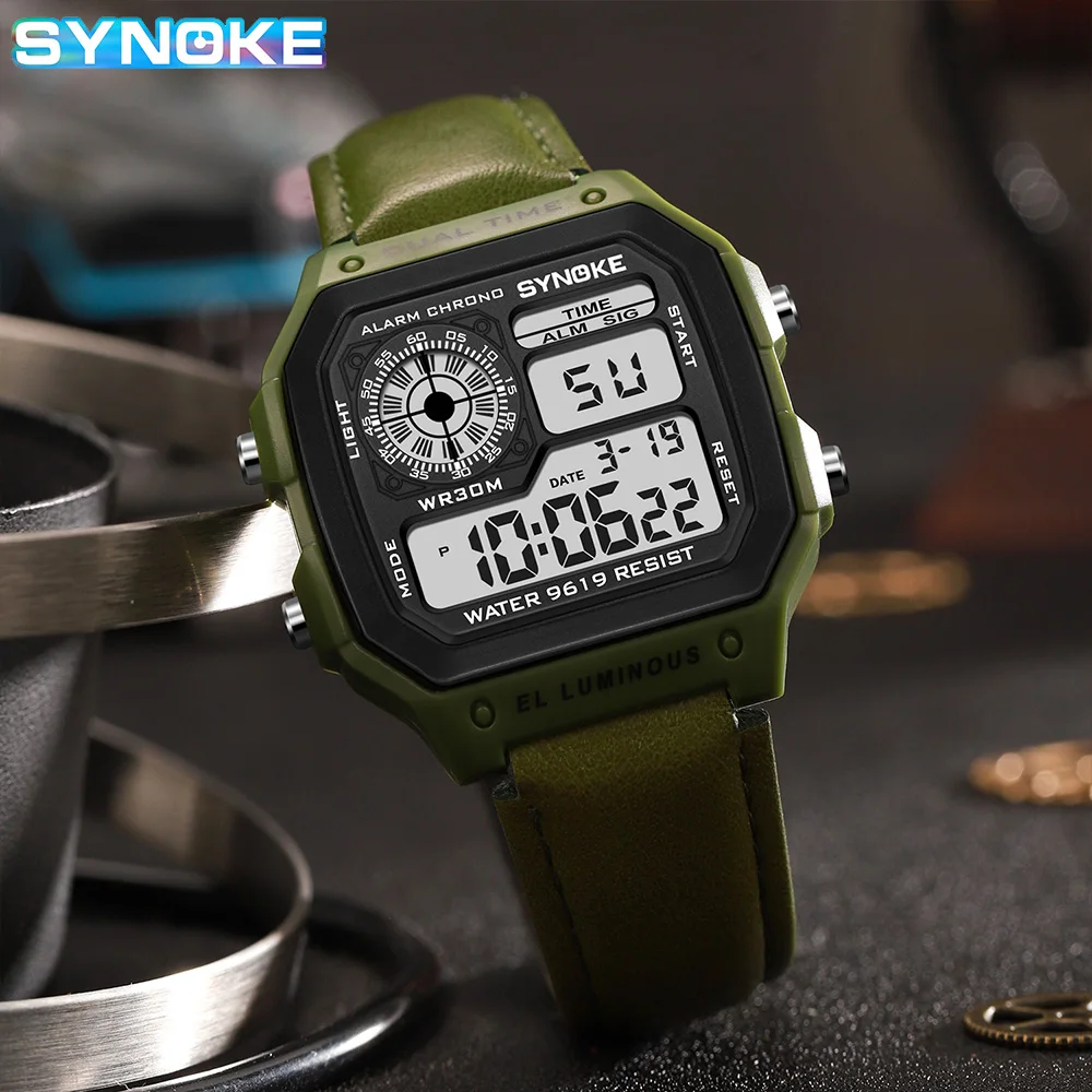 Reloj con correa SYNOKE para hombre, reloj Digital LED luminoso multifuncional para deportes al aire libre, reloj Digital de cuero PU para hombre, moda Retro