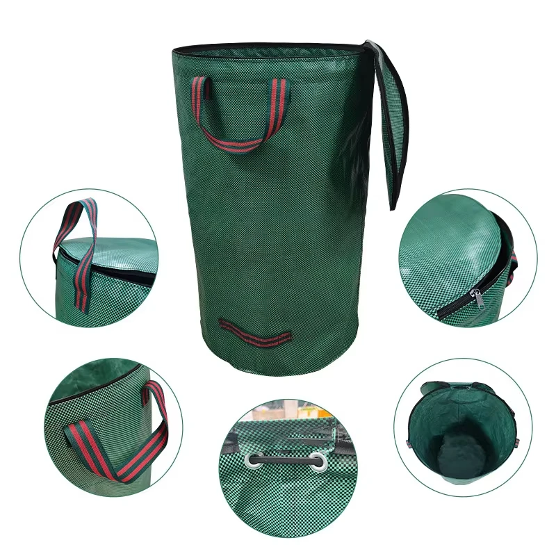 Bolsa de basura para jardín de 120-500L con tapa, cubo de basura plegable para colección de hojas, bolsa de almacenamiento para jardinería al aire libre con hojas caídas reutilizables