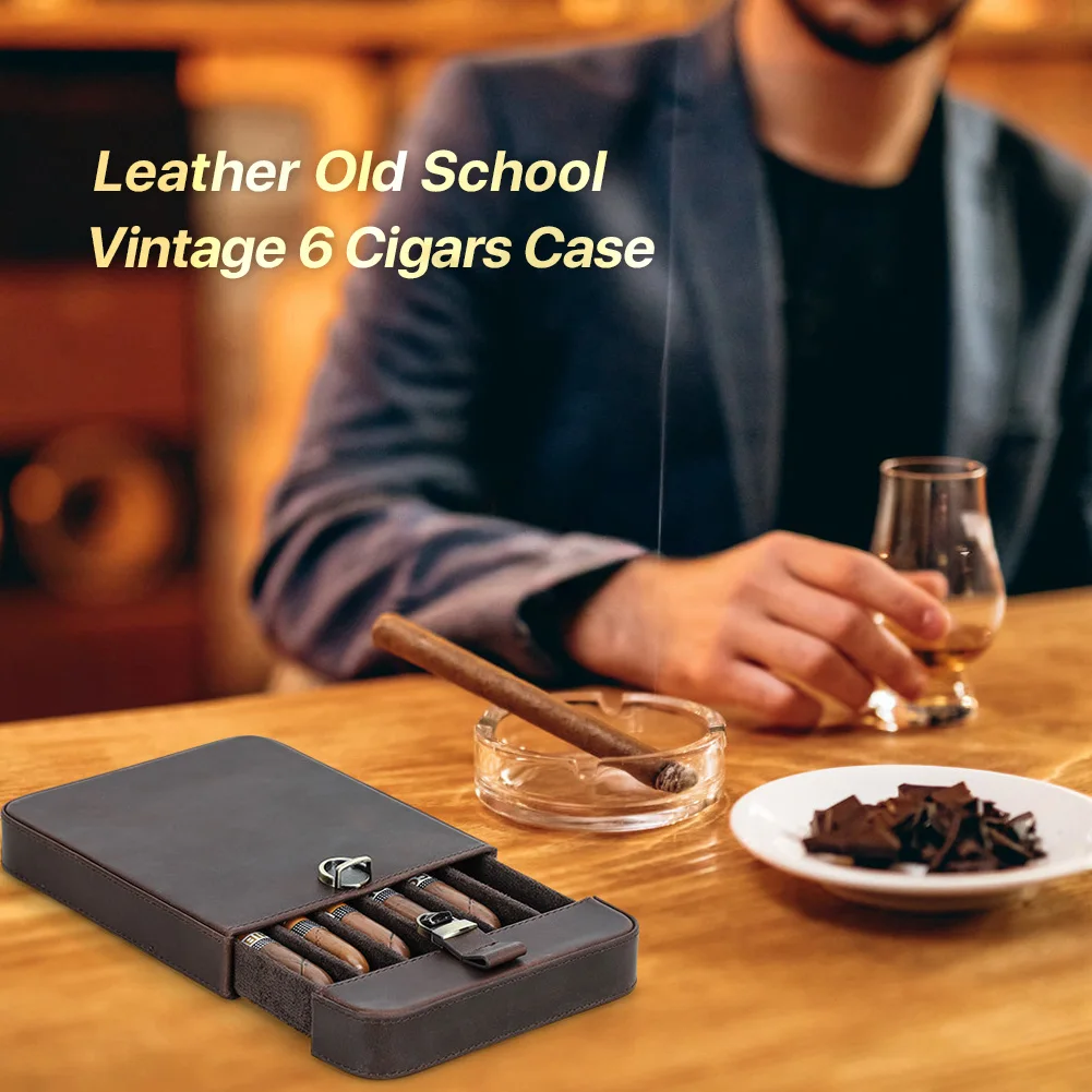 Estuche para cigarros portátil de cuero genuino de lujo, Humidor de viaje, soporte 3/6, bolsa de almacenamiento de cigarros, cuero vacuno Vintage al aire libre