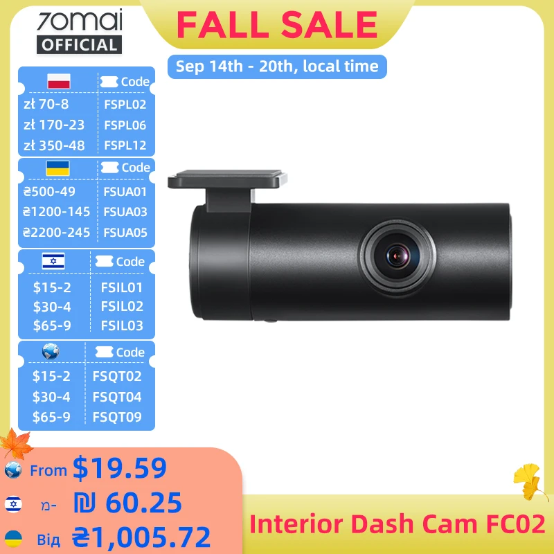 Cámara Interior 70mai FC02 Compatible con 70mai A510/A810/A800S/A500S/A400 (No se Puede Usar Junto con la Cámara Trasera)