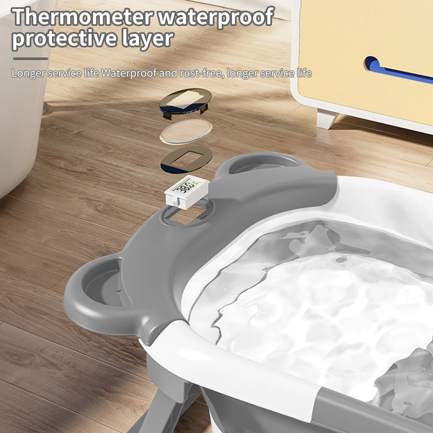 Bañera Plegable para Bebés con Termómetro, Alfombrilla Antideslizante, Cojín de Soporte, Bañera Portátil para Recién Nacidos de 0 a 15 Meses, Piscina de Baño para Viajes