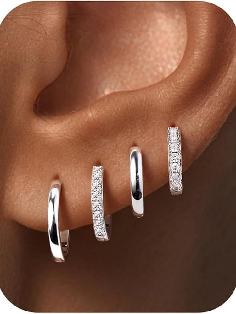 Juego de 4 Pares de Aretes de Aro con Circonita Cúbica Plateados en Plata 925 para Mujer, Aretes de Aro Huggie con Circonita Cúbica Brillante para Cartílago y Hélix
