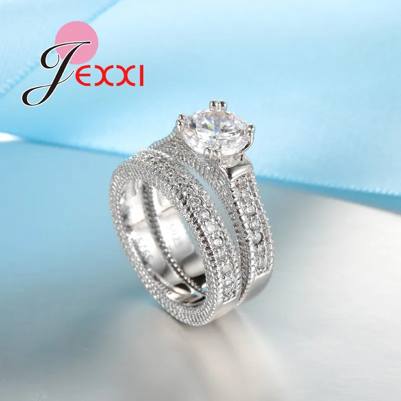 Conjunto de anillos elegantes de Plata de Ley 925 para mujer, 2 uds., pavimentado, cristales brillantes de alta calidad, joyería de boda para novia