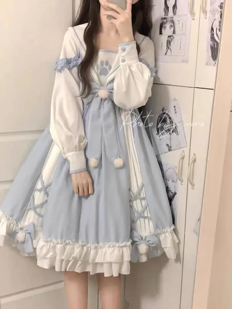 Vestido De talla grande azul De Lolita para Mujer, Vestidos De manga larga con lazo y cuello marinero, novedad De primavera 2025, Vestidos De Mujer De manga larga