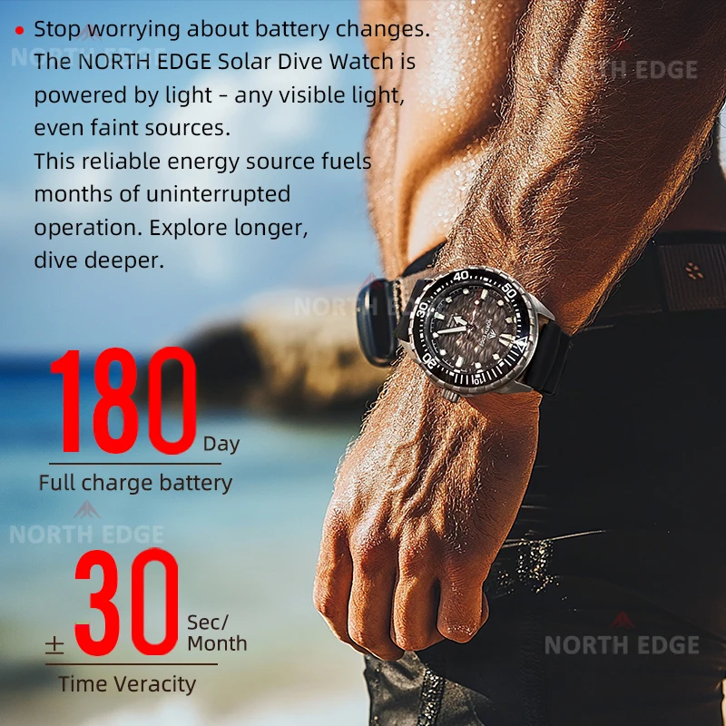 Reloj de buceo NORTH EDGE TRITON-TI de titanio y acero inoxidable, con energía solar, reloj de cuarzo de lujo para hombre, resistente al agua hasta 300 m, con más de 180 días de autonomía.