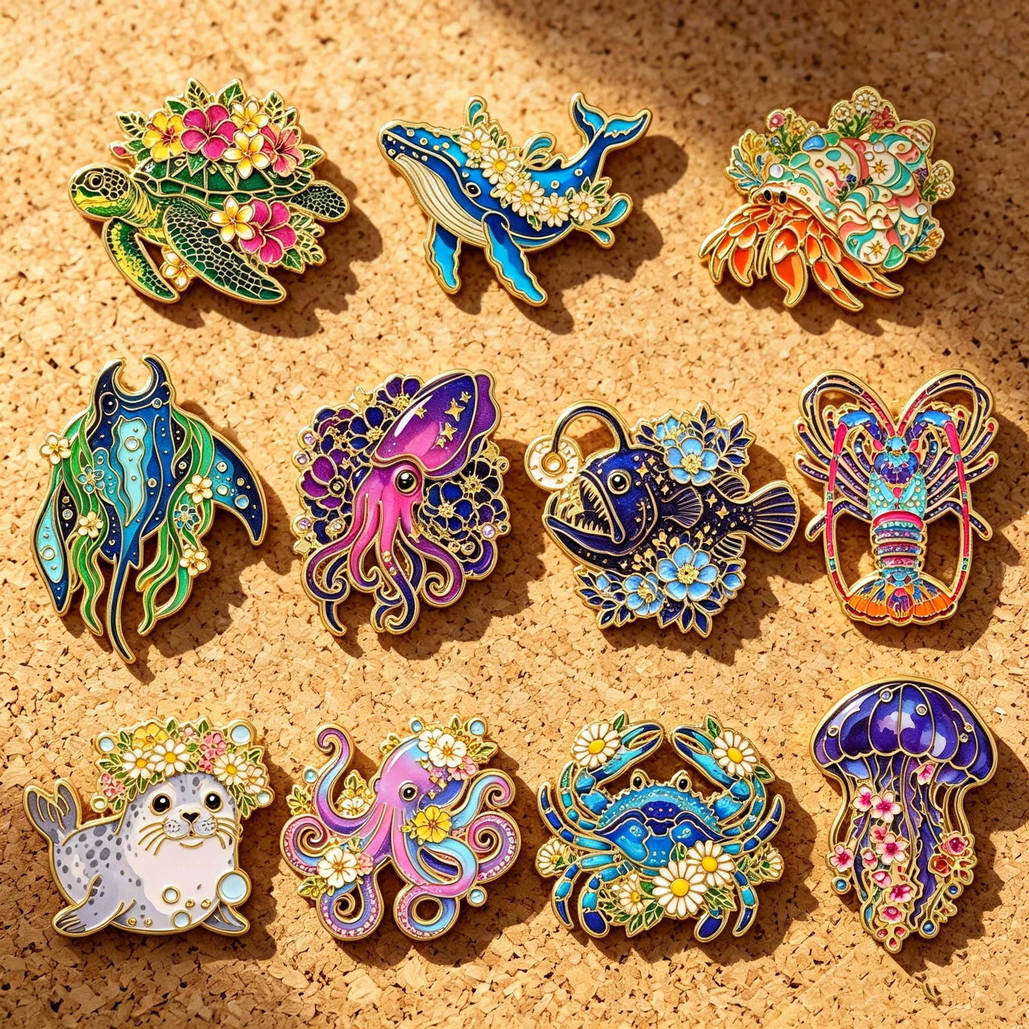 Juego de 11 broches de esmalte con diseño floral y de animales marinos, bonitos broches de ballena, pulpo y tortuga, insignias para mochila y solapa, accesorios de joyería, regalos