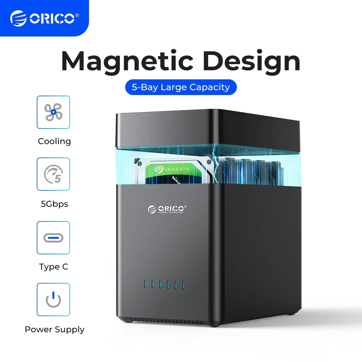 ORICO DS Series 5 Bay Caja de disco duro USB de 3,5 pulgadas Tipo magnético SATA a USB3.0/Tipo-C HDD para minería de Altcoins