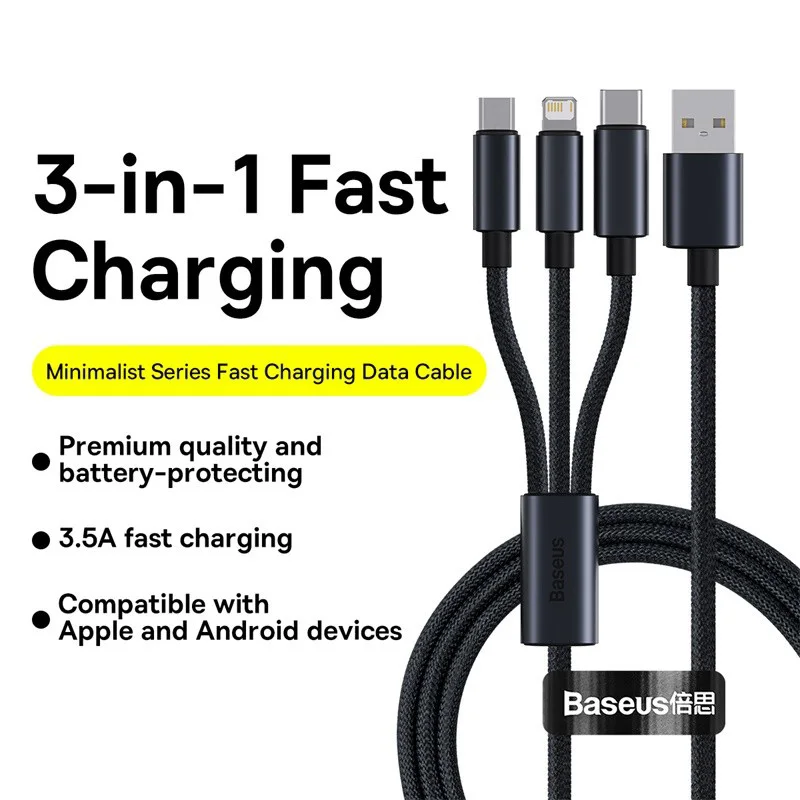 Cable USB Baseus 3 en 1 tipo C para Samsung Xiaomi Mi 9 Huawei Cable para iPhone 13 12 11 cargador de teléfono Cable de datos Micro USB
