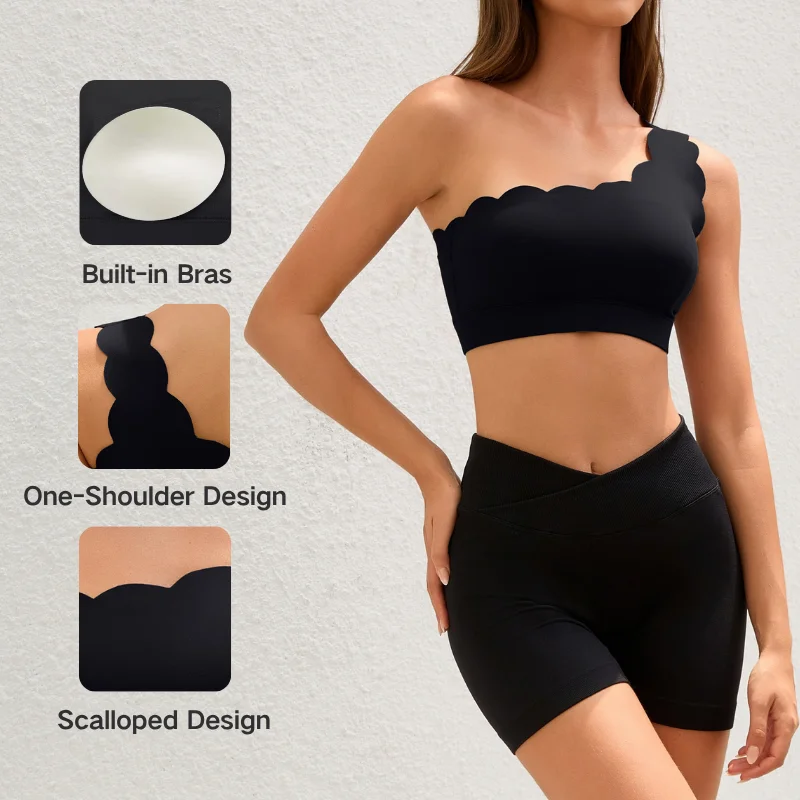 Anfilia-sujetadores deportivos para mujer, sujetadores integrados festoneados con diseño de un solo hombro, transpirables, de secado rápido, para Yoga, gimnasio y correr