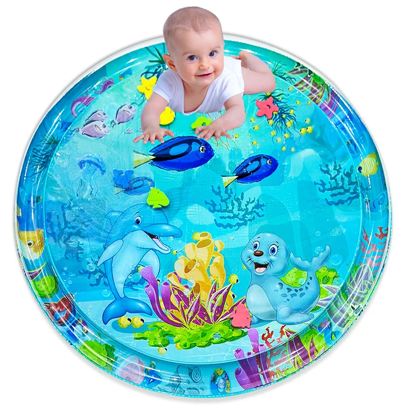 Alfombra de agua grande para jugar al bebé, 100cm, patrón de sello de delfín, alfombra de juego redonda inflable de PVC, cojín, regalo para niños, 1 ud.