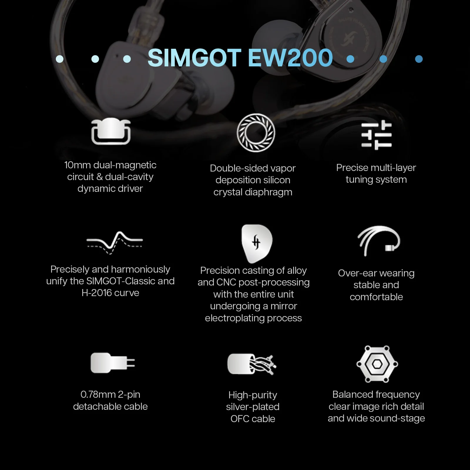 SIMGOT-auriculares internos EW200 con diafragma SCP de 10mm, circuito magnético Dual y controlador dinámico de doble cavidad