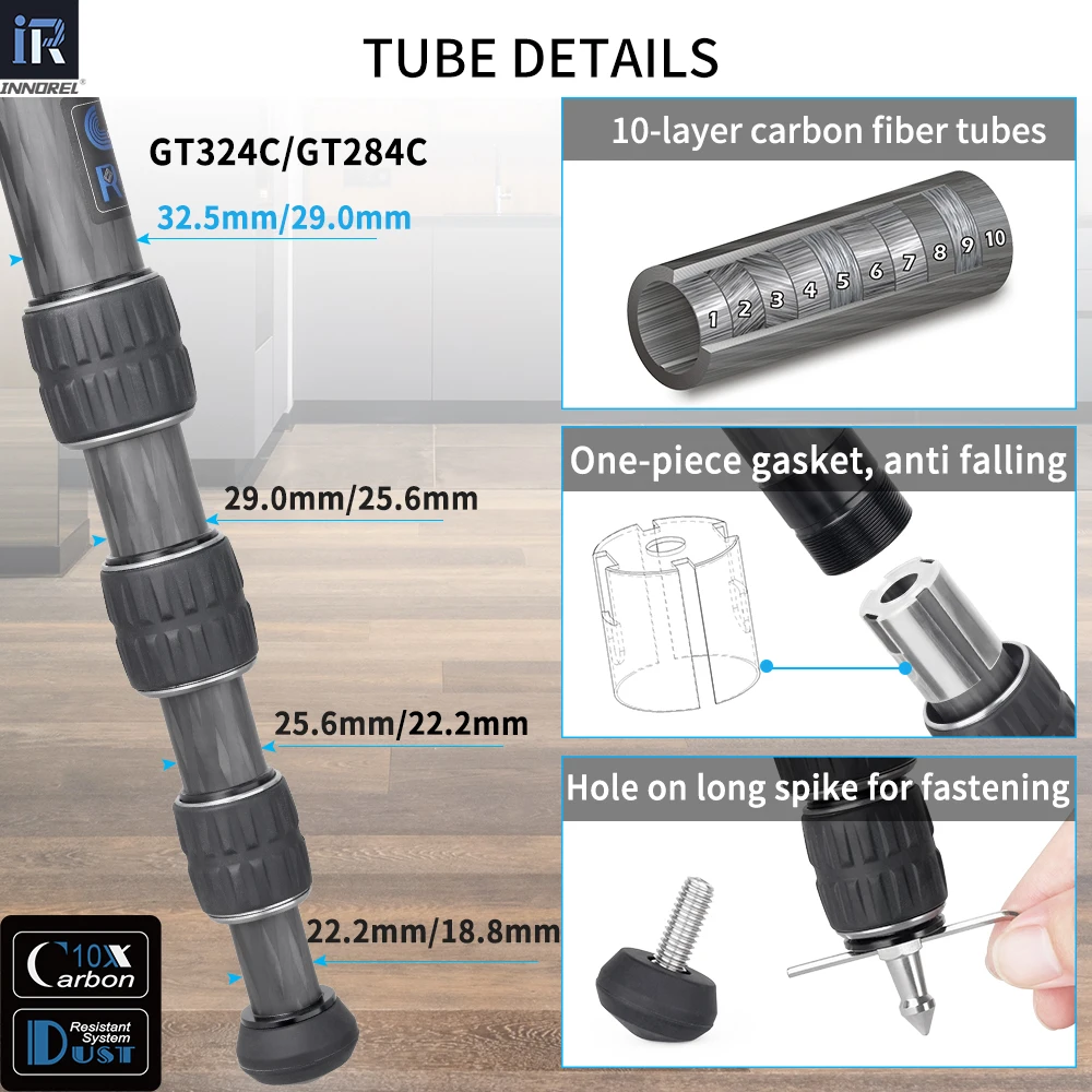 Trípode profesional INNOREL GT284C/GT324C de fibra de carbono con columna central de forma especial para cabezal de bola central de baja gravedad DSLR