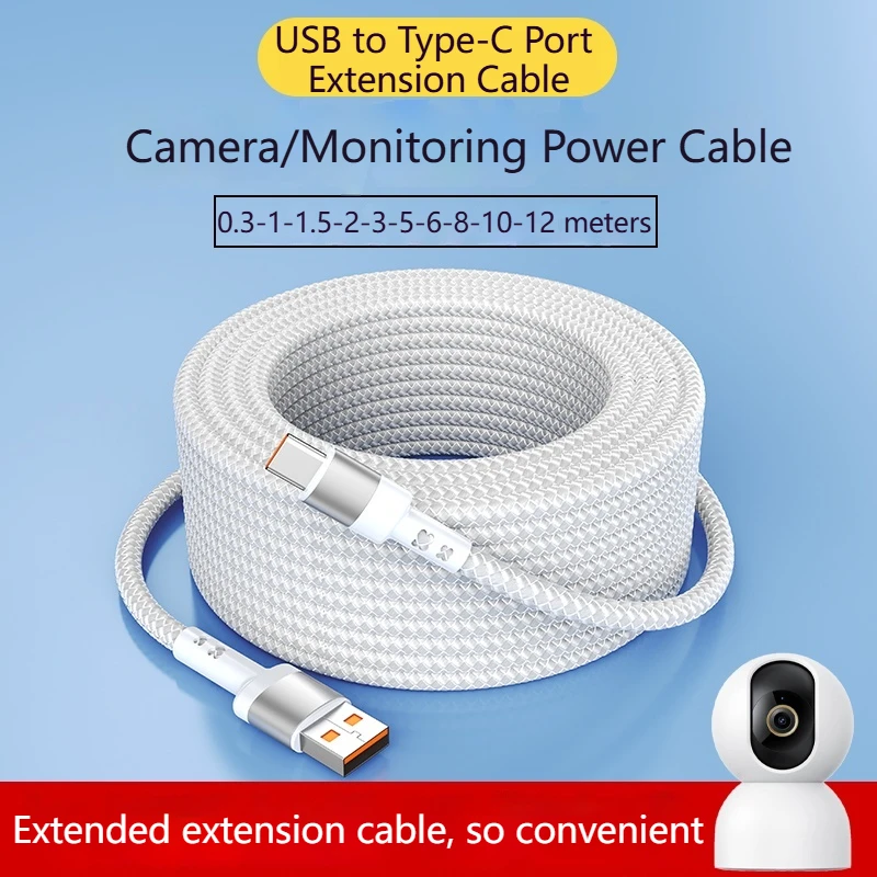Cable de Carga Tipo-C Trenzado Extra Largo, Apto para Cámaras de Coche, Impresoras y Cables de Extensión USB, Cable de Datos de 3m, 5m, 8m, 12m