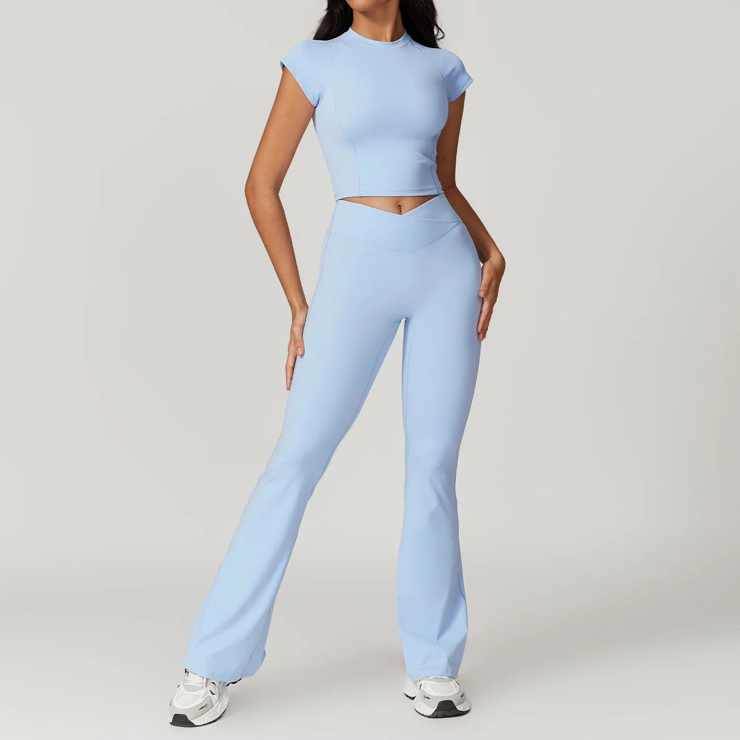 Conjunto de 2 piezas de Yoga, ropa de gimnasio, ropa deportiva, trajes de Yoga para mujer, Top corto de manga corta, chándales, Sujetador deportivo, mallas de gimnasio