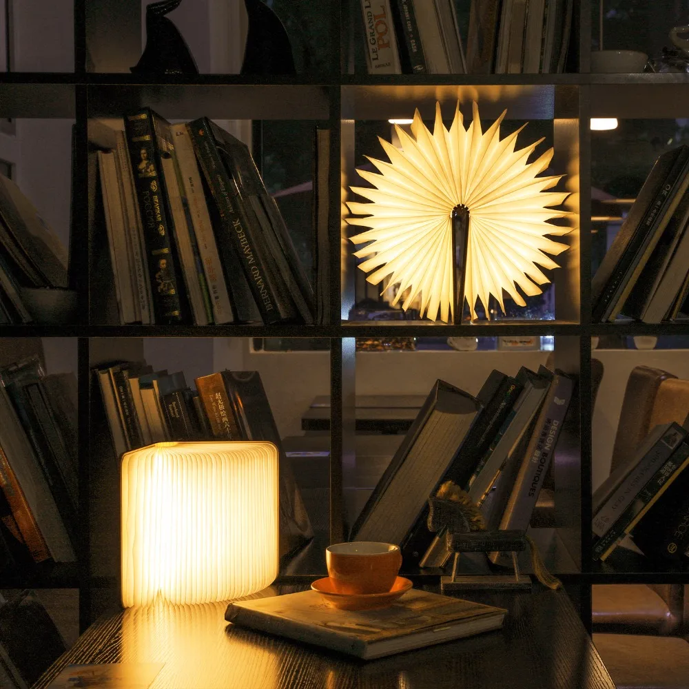 Luz LED nocturna de libro plegable de madera 3D, 3/5 colores de iluminación, 5V, recargable por USB, lámpara de mesa de escritorio magnética, decoración de cabecera de dormitorio