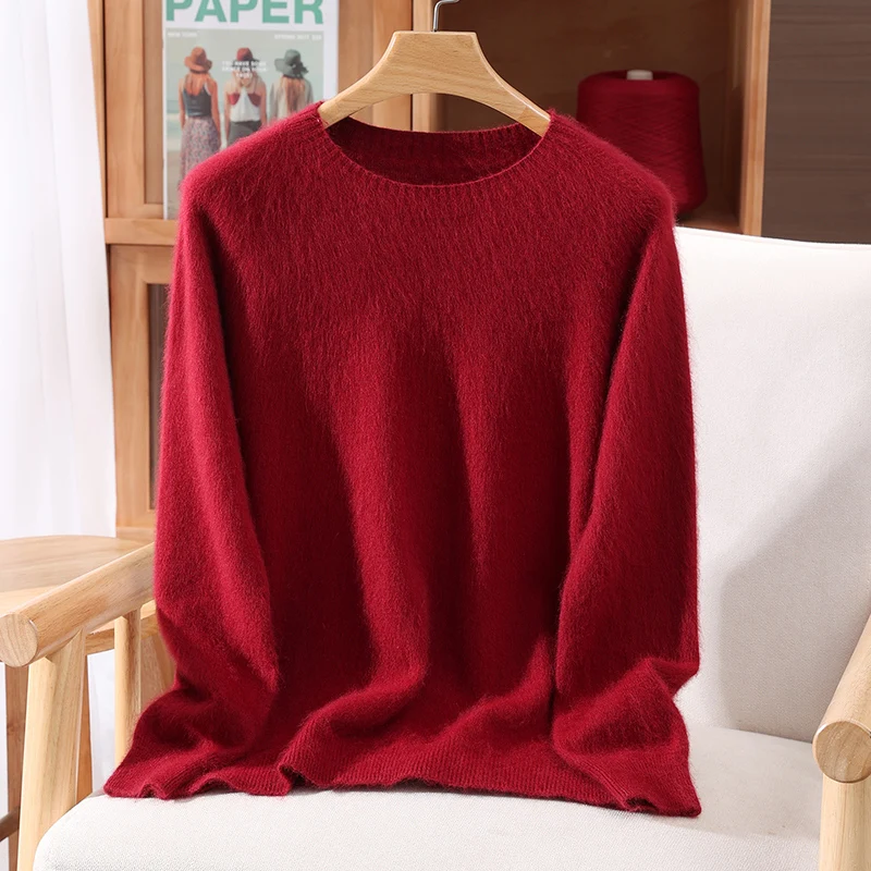 Jersey básico para mujer, suéter de cachemira de visón 100%, suéter suave de punto con cuello redondo para otoño e invierno, camiseta nueva cálida de manga larga