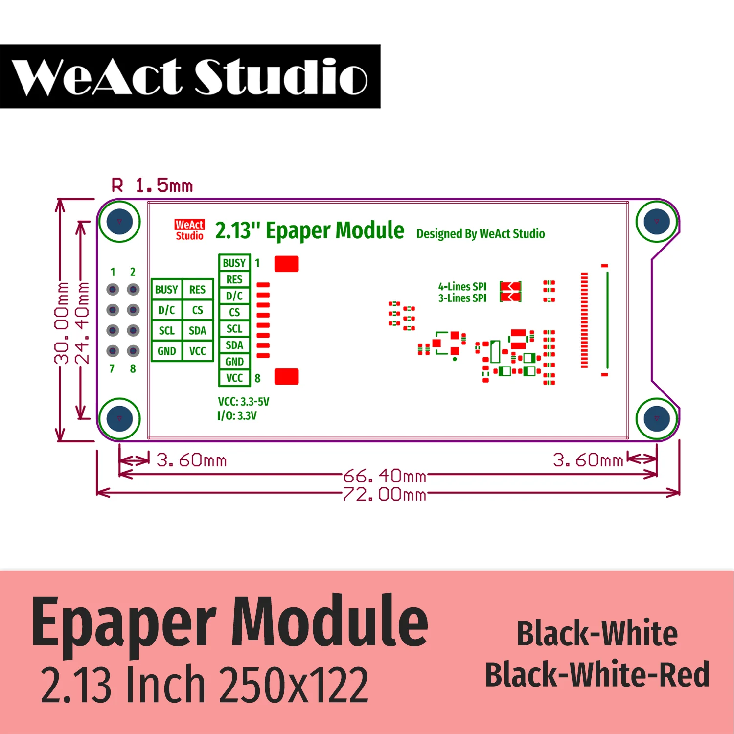 WeAct 2.9 ''2.13" 2.9 2.13 pulgadas Módulo Epaper E-paper E-Ink Pantalla EInk SPI Negro-Blanco Negro-Blanco-Rojo