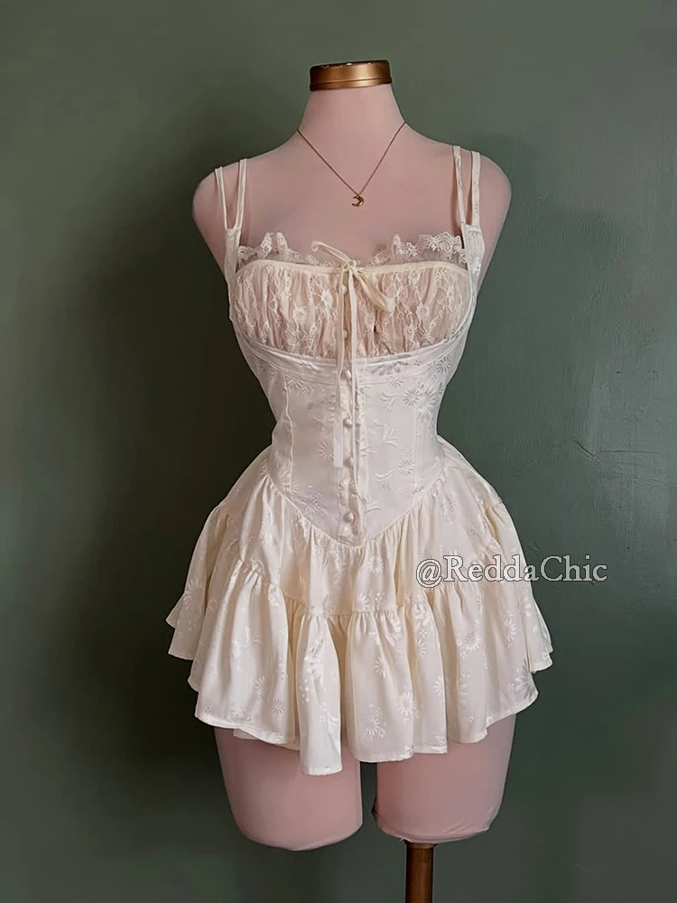 REDDACHiC Mini vestido retro medieval de satén y pantalones cortos de encaje, corsé floral coqueto, camisola, mono, ropa de verano para mujer