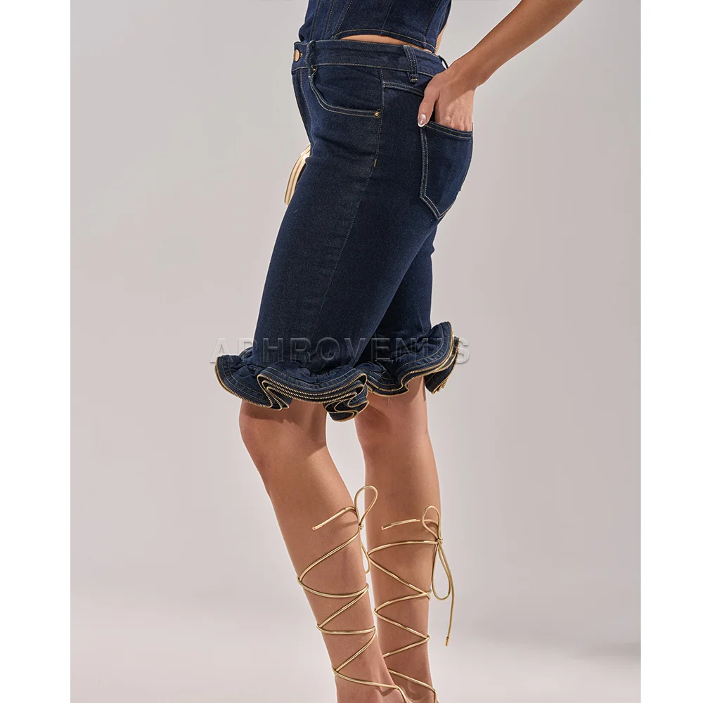 Shorts de mezclilla ajustados con dobladillo ondulado para mujer, cintura alta, estilo casual, con volantes, a la moda, efecto adelgazante, streetwear