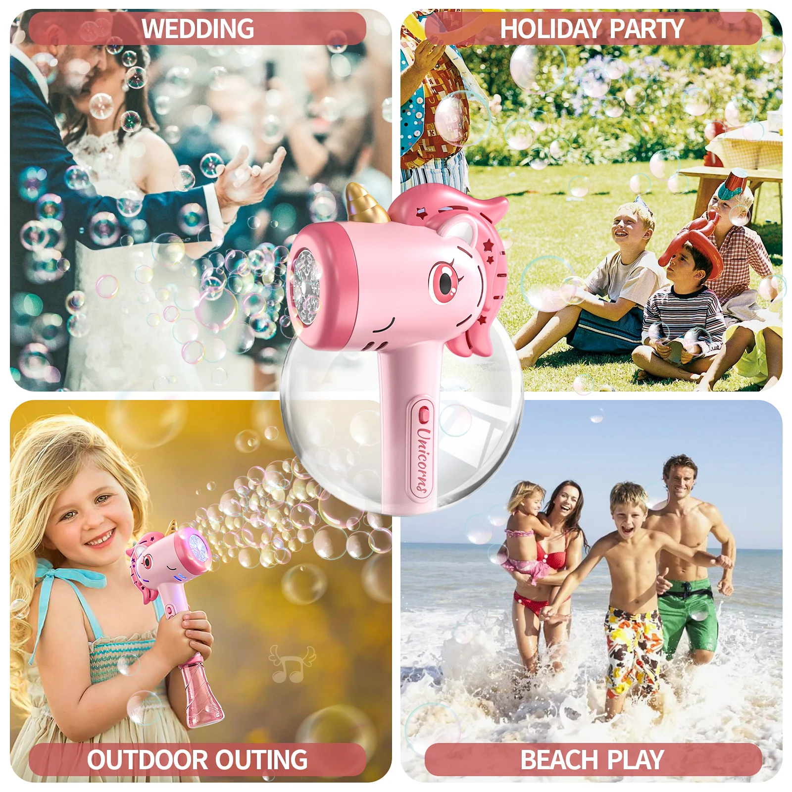 Máquina automática de burbujas con forma de unicornio, luces LED de fantasía, juguete para hacer burbujas al aire libre, para niños a partir de 3 años. Incluye solución para burbujas.