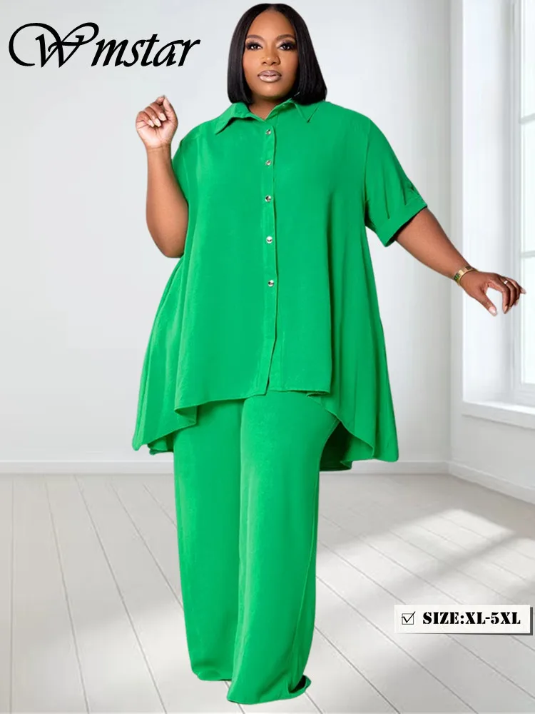 Wmstar-Conjunto de dos piezas de talla grande para mujer, camiseta informal con botones sólidos, pantalones de pierna ancha, trajes femeninos, venta al por mayor, envío directo, 5XL, Verano