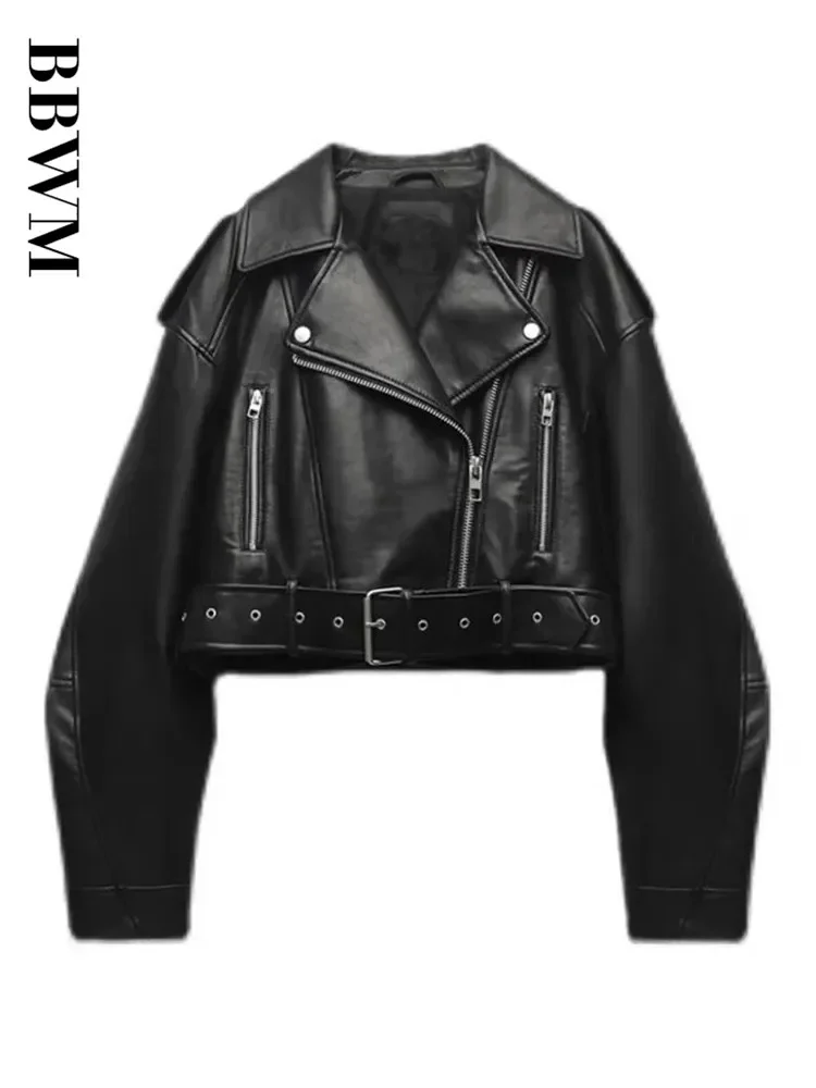 BBWM, Chaqueta corta holgada Vintage de gran tamaño de piel sintética con cinturón, ropa de calle para mujer, abrigo Retro con cremallera para motociclista, prendas de vestir