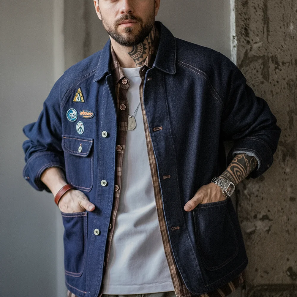 Maden Vintage insignia bordada 12,8 oz chaqueta vaquera pesada solapa lavada ropa de abrigo informal para hombres abrigo de tareas de primavera y otoño